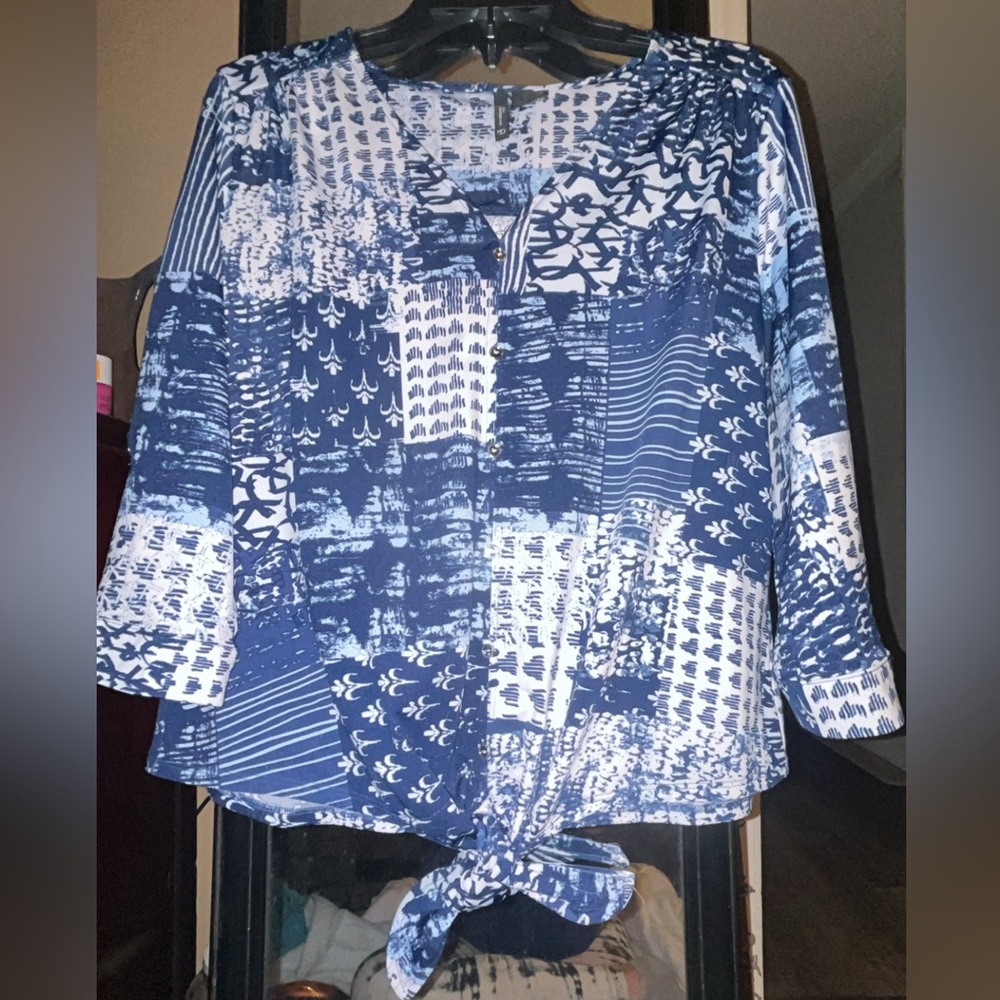 New Directions Blue & White with different floral patterns,
 V-neck Button up
